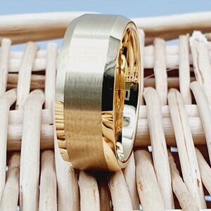 Brushed Gold Tungsten Carbide Wedding Band – Unisex Flat Edge Ring W210